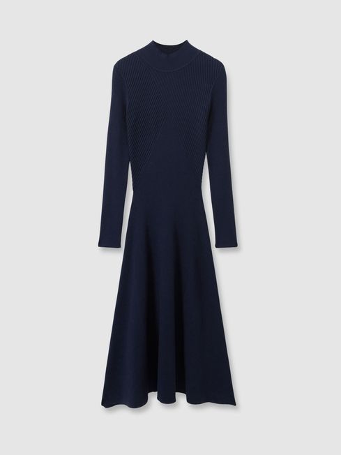 Round Neck Ribbed Midi Dress in Navy REISS Canada