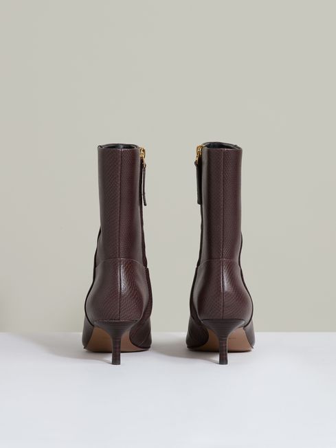Reiss Chocolate Millie Leather Kitten-Heel Ankle Boots