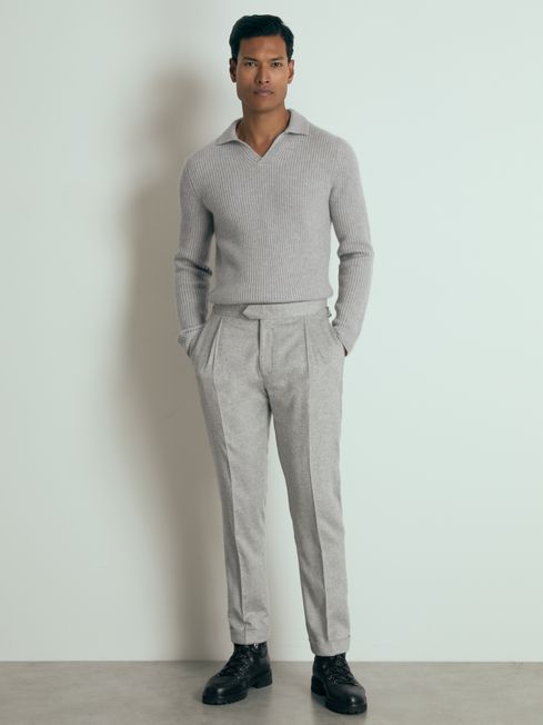 Reiss Soft Grey Melange Laird Atelier Ribbed-Cashmere Polo Shirt
