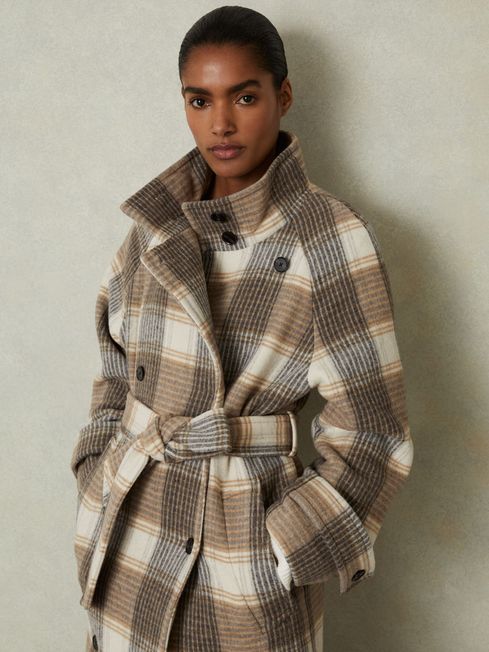 Wool Blend Check Double Breasted Coat in Neutral Check REISS Ireland