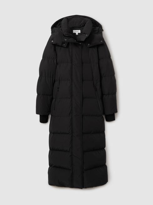 Black longline hooded puffer coat top
