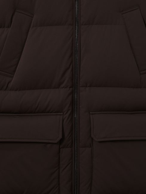 Reiss Brown Stratus Quilted Hooded Puffer Coat