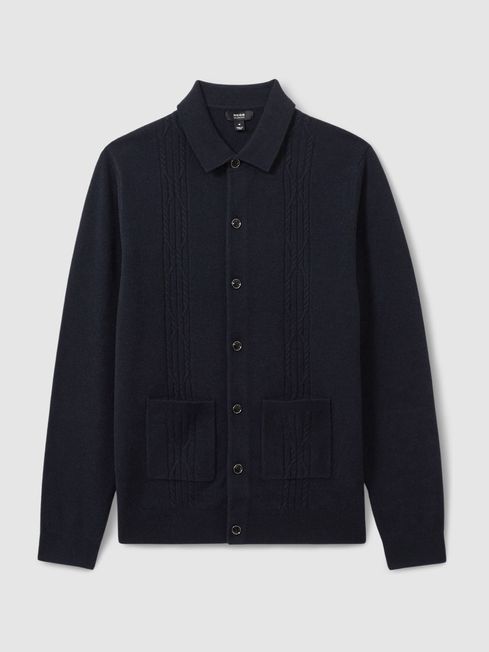 Reiss Navy Lockhurst Wool Cabled Knitted Cardigan