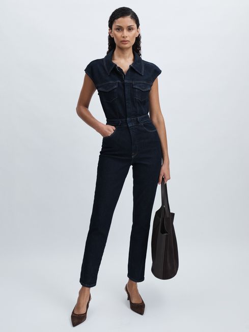 Good American Dark Blue Denim Trucker Jumpsuit