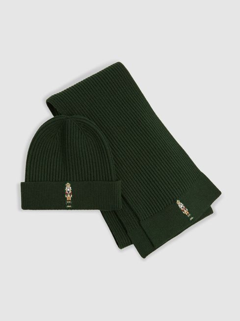 Reiss Emerald Green Cornelius Christmas Nutcracker-Embroidered Hat and Scarf Set