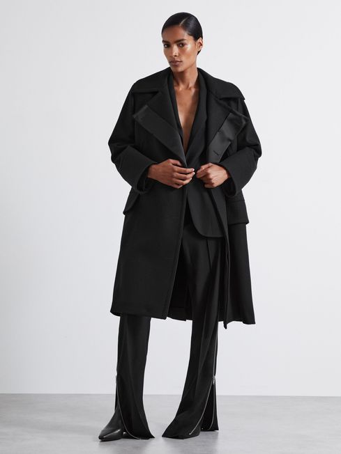 Reiss Matilda Black Atelier Felted Trapeze Coat US 6