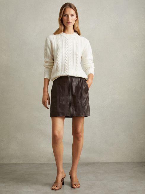 White front zip leather mini skirt top