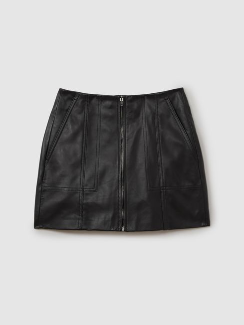 Reiss Black Daria Leather Zip Front Mini Skirt