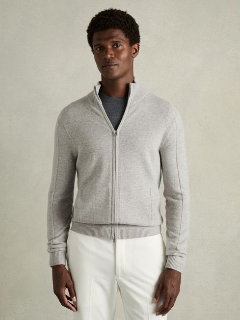 Wool Cashmere Zip Through Funnel Neck Cardigan in Soft Grey Melange REISS USA