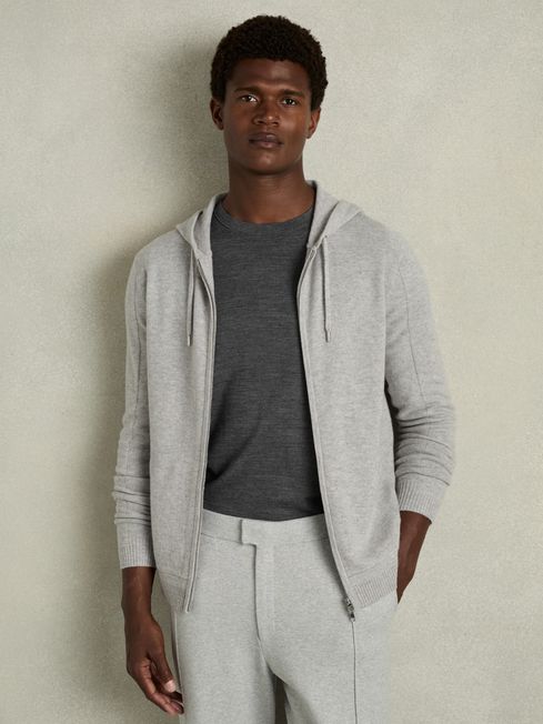 Reiss Soft Grey Melange Wool and Cashmere Zip Through Hoodie M
