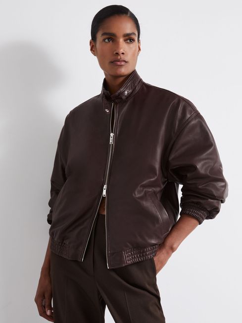 Atelier Leather Latched Collar Bomber Jacket in Berry REISS Ireland