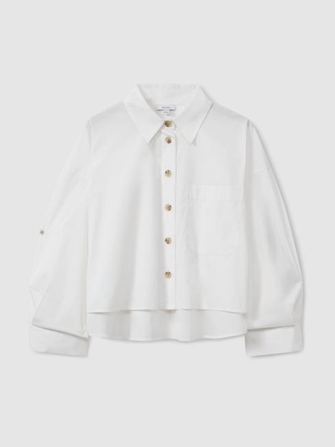 Reiss White Solene Cropped Cotton Shirt