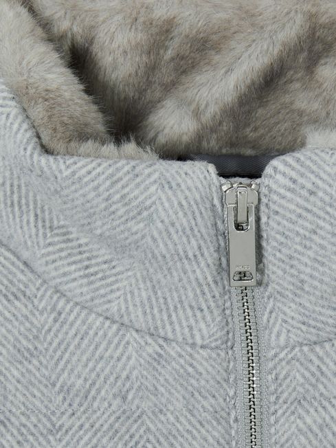 Reiss Soft Grey Melange Farid Herringbone Faux-Fur Collar Puffer Jacket