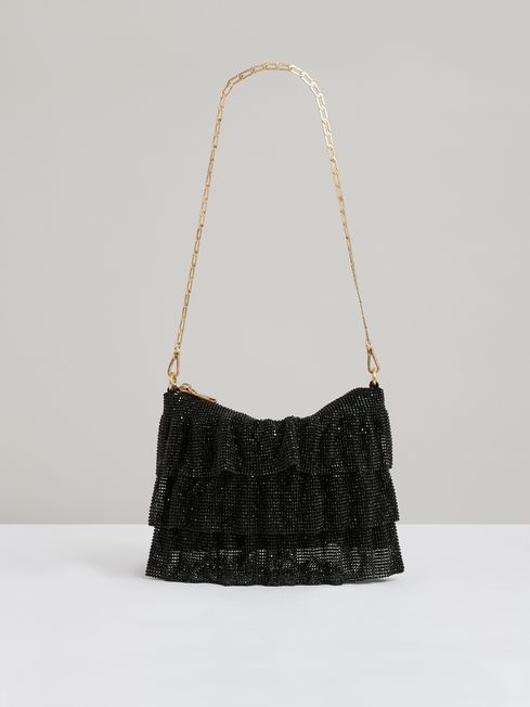 Tiered Crystal Embellished Shoulder Bag in Black