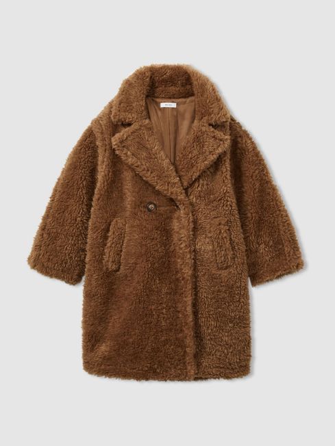 13 14 yrs Longline Teddy Coat with Wool in Brown