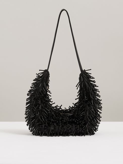 Reiss Black Moon Bugle Beaded Crescent Shoulder Bag