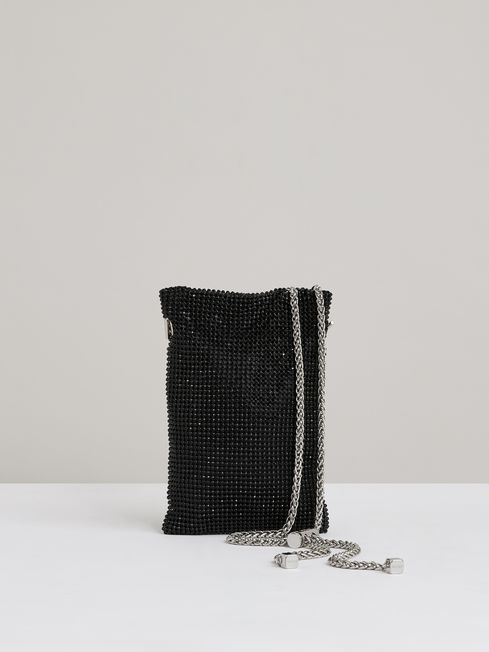 Reiss Black Zuri Crystal Mesh Shoulder Pouch