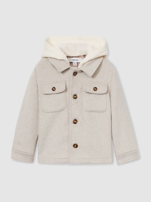Reiss Stone Liam 3-9 yrs Removable-Hood Brushed-Twill Overshirt