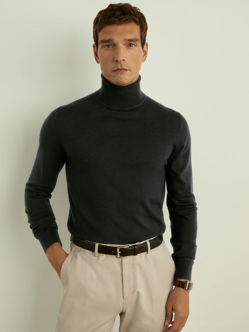 Merino Roll Neck Jumper in Dark Military Green REISS Canada