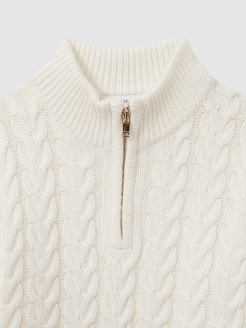 Reiss Off White Tamworth Teen Cabled Knitted Zip Neck Jumper with Cotton and Wool