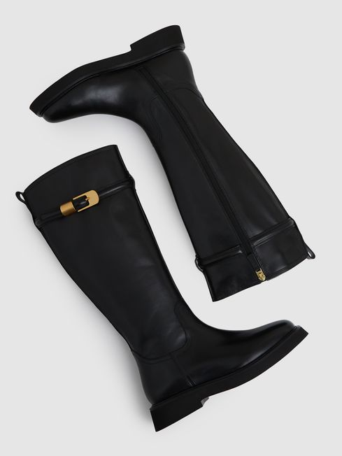 Leather Buckled Knee High Boots in Black REISS Germany