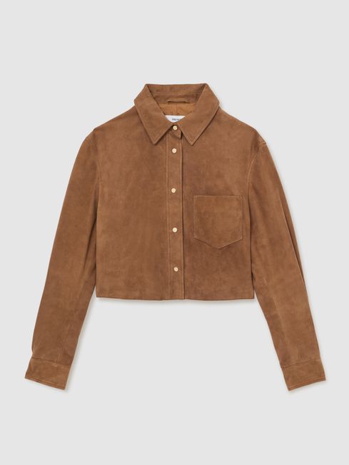 Reiss Tan Connie Suede Press-Stud Cropped Shirt