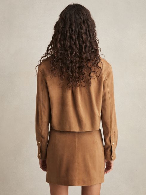 Reiss Tan Connie Suede Press-Stud Cropped Shirt