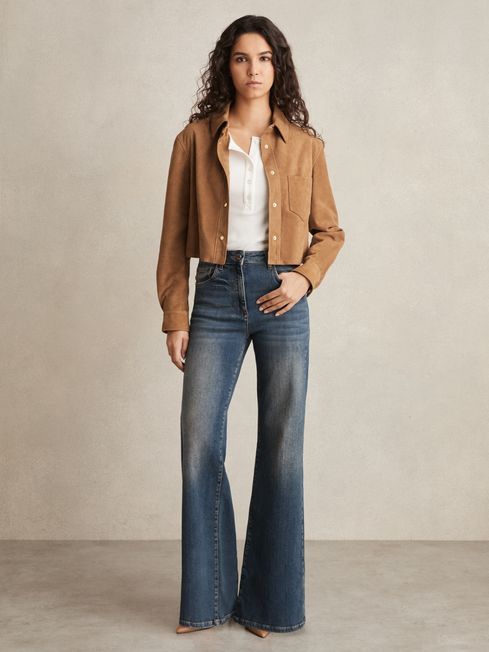 Reiss Tan Connie Suede Press-Stud Cropped Shirt