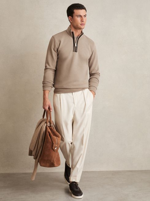 Reiss Taupe Brown Hale Leather-Placket Interlock Sweatshirt