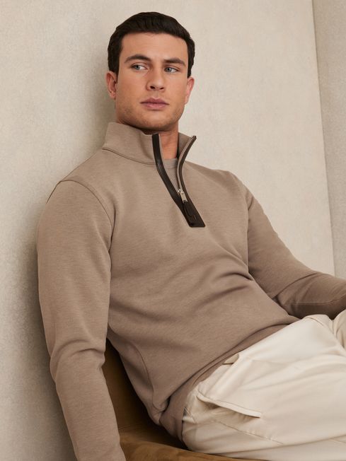 Reiss Taupe Brown Hale Leather-Placket Interlock Sweatshirt