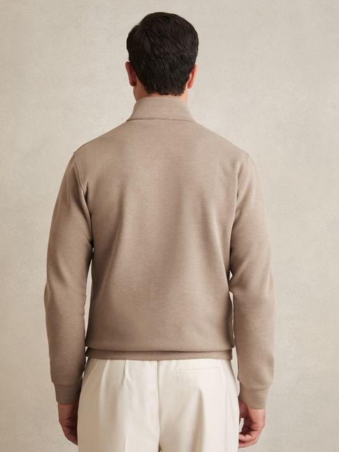 Reiss Taupe Brown Hale Leather-Placket Interlock Sweatshirt