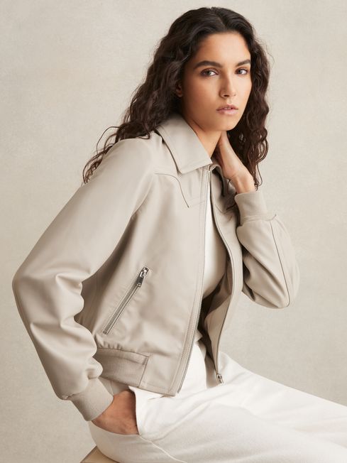 Reiss Grey Jasmine Leather Bomber Jacket