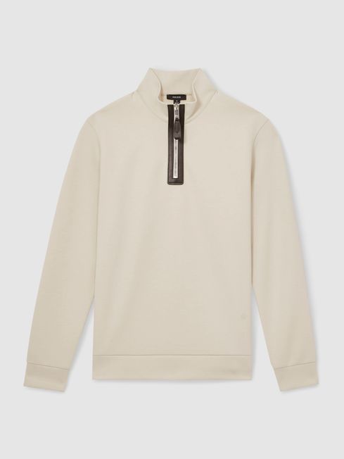Reiss Off White Hale Leather-Placket Interlock Sweatshirt