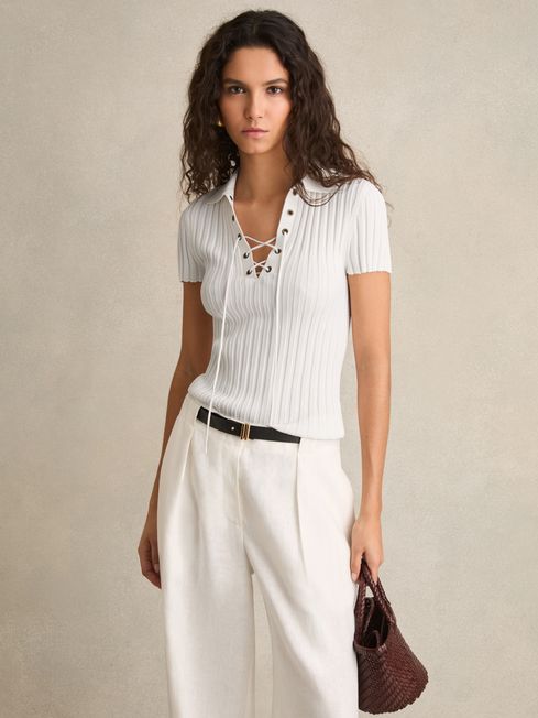 Reiss Ivory Poppy Lace Up Rib Knit Top