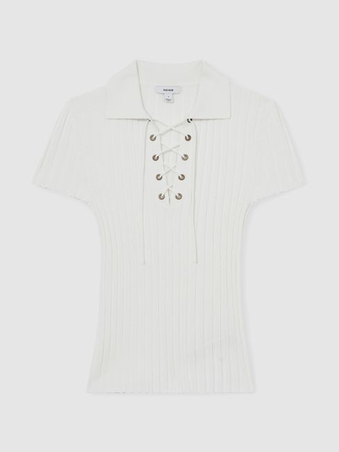 Reiss Ivory Poppy Lace Up Rib Knit Top