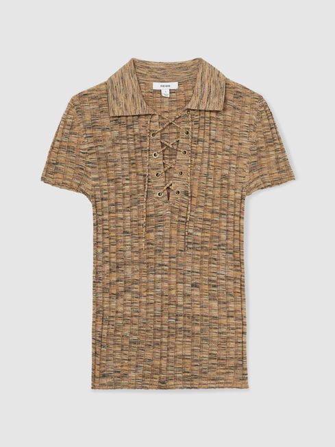 Reiss Camel Marl Poppy Lace Up Rib Knit Top
