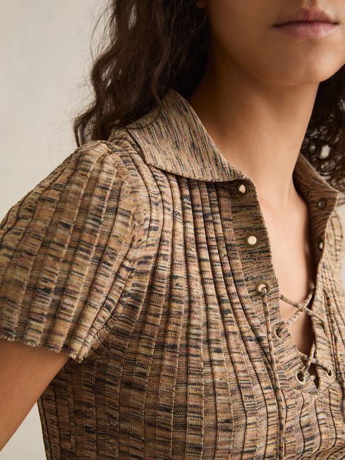 Reiss Camel Marl Poppy Lace Up Rib Knit Top