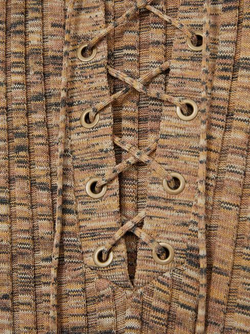 Reiss Camel Marl Poppy Lace Up Rib Knit Top
