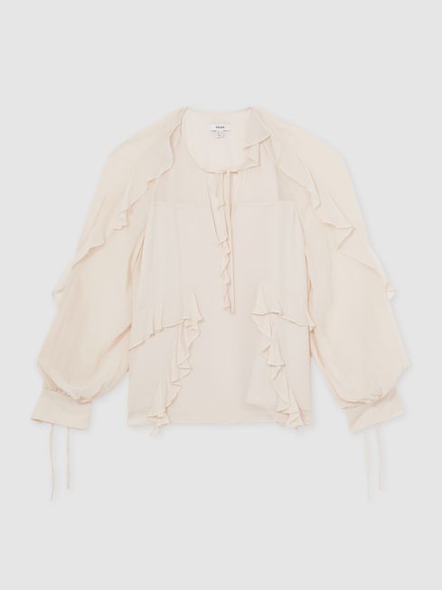 Reiss Pale Pink Zaria Ruffle Trim Tie Neck Top