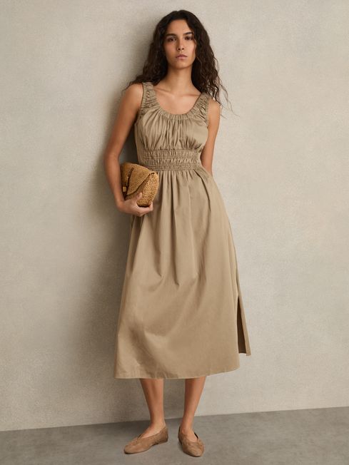 Reiss Khaki Anouk Petite Cotton Craft-Stitch Shirred Midi Dress