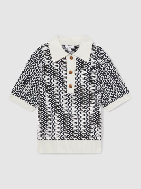 Reiss Blue/Ivory Jem Zig-Zag Knit Polo Shirt