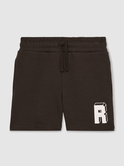 Reiss Chocolate Brown / Off White Marcus 13-14 yrs Jersey Drawstring R Print Shorts