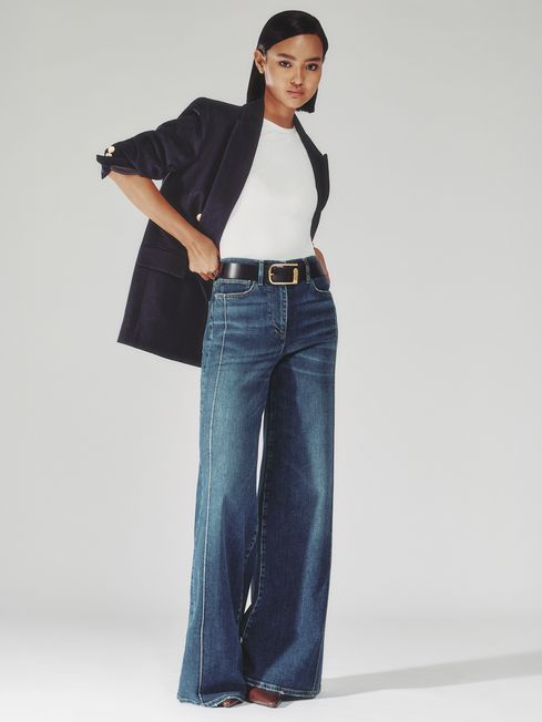 Reiss Mid Blue Heather Petite Stretch-Cotton Wide-Leg Jeans