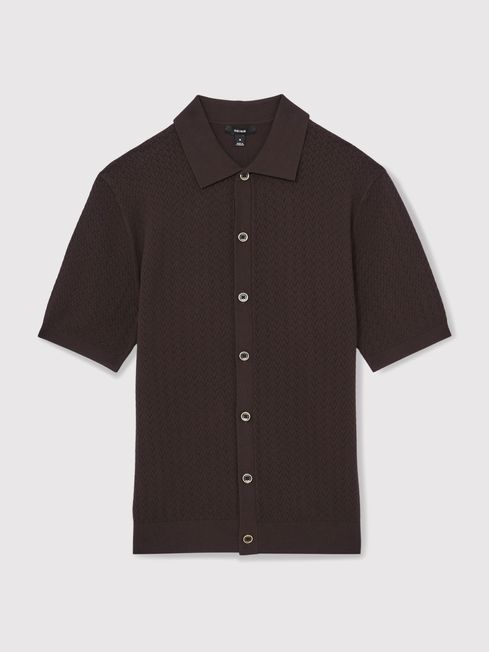 Reiss Chocolate Brown Thames Textured Knit Button-Through Shirt