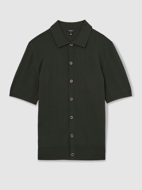 Reiss Dark Green Thames Textured Knit Button-Through Shirt