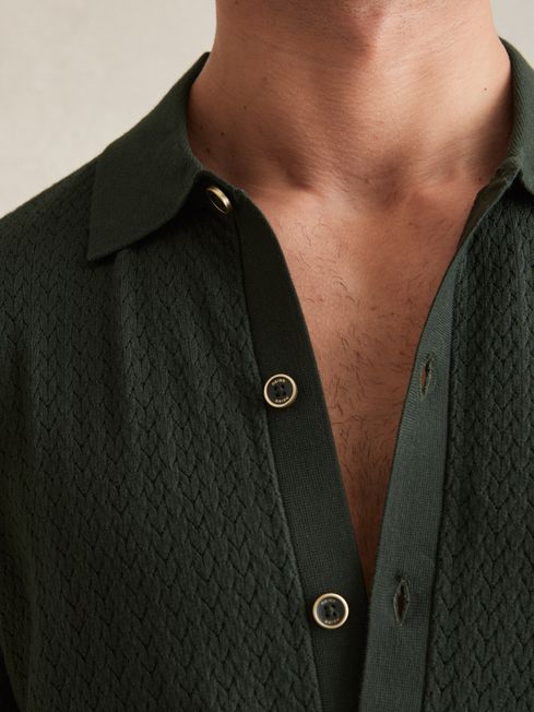 Reiss Dark Green Thames Textured Knit Button-Through Shirt