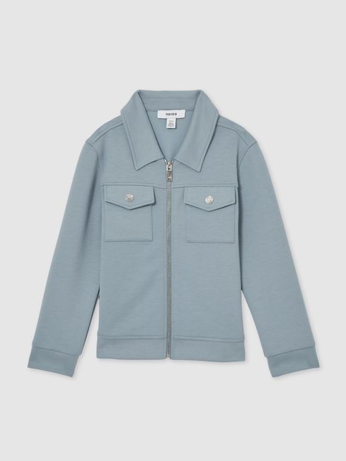 Reiss Soft Denim Blue Medina Interlock Zip-Through Overshirt