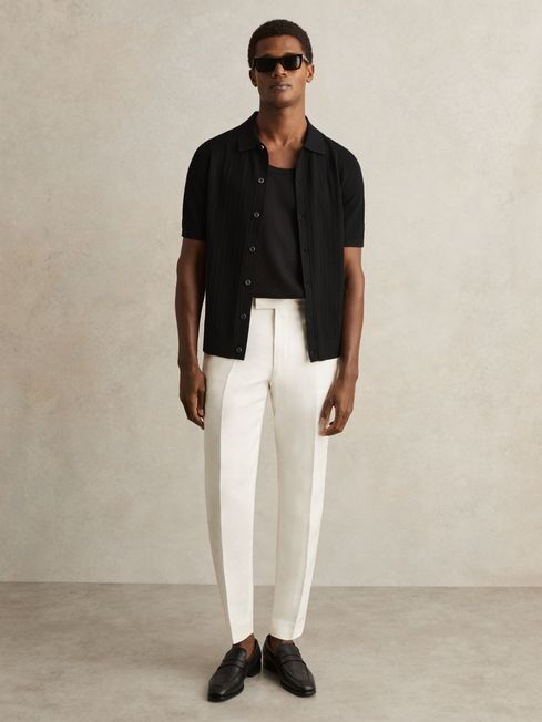 Reiss Black Thames Textured Knit Button-Through Shirt
