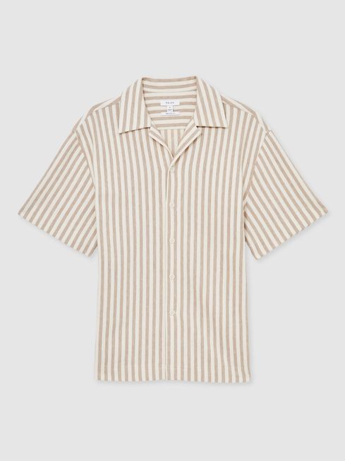 Reiss Stone/White Trig Textured Stripe Cuban-Collar Shirt