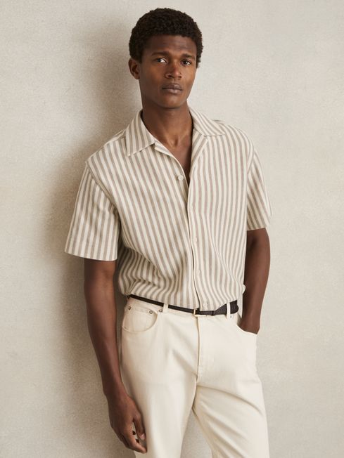 Reiss Stone/White Trig Textured Stripe Cuban-Collar Shirt